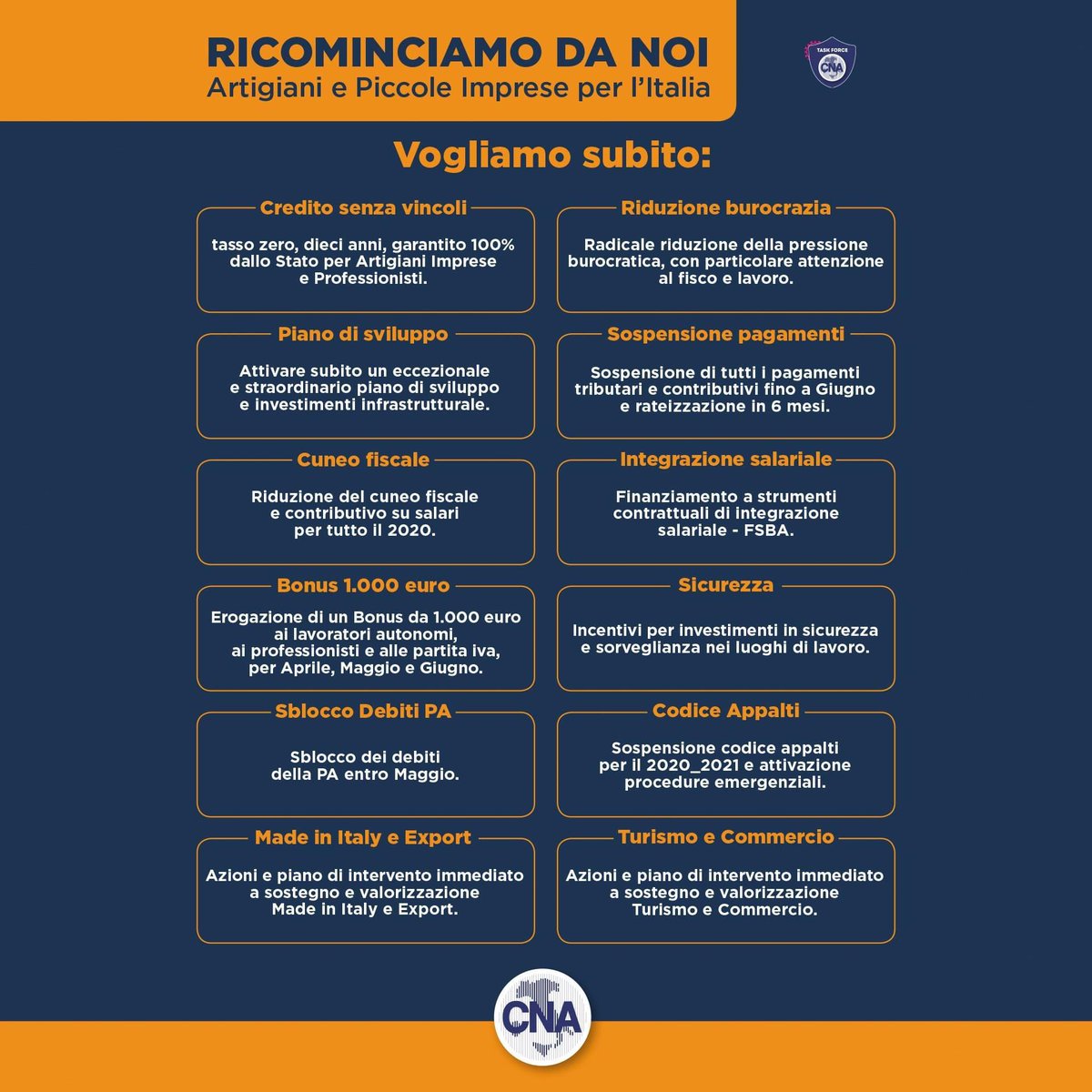 👨‍🔧Ricominciamo da noi, dalle nostre imprese. Ecco le richieste immediate di <a href="/cnanazionale/">CNA</a> 👇

#CNA #CNAVeneto #CNAComunicazione 
#AvantiVeneto #iorestoaca #impresa #artigiano