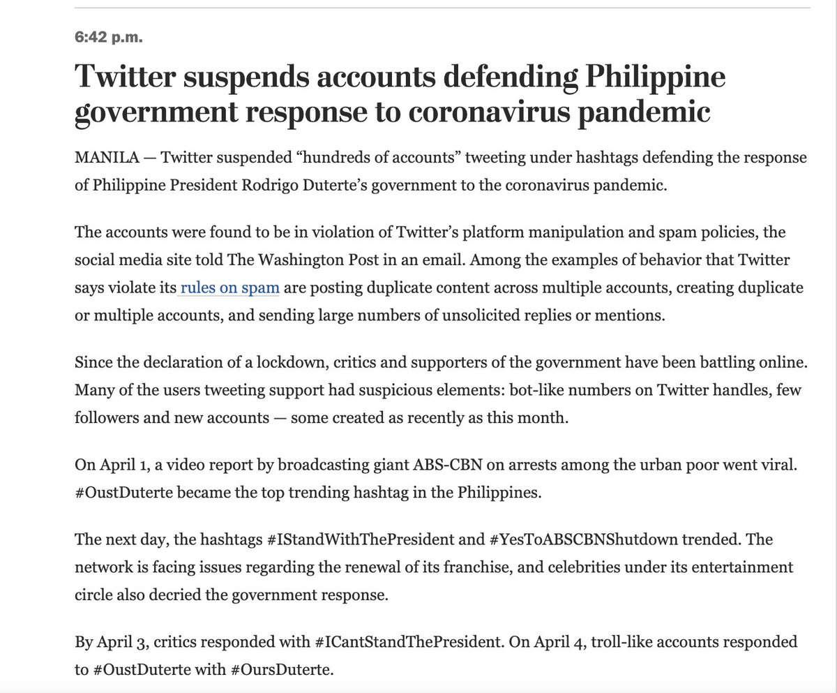 Read "Twitter suspends accounts defending Philippine government response to coronavirus pandemic" via  @washingtonpost as reported by  @RegineCabato (see 6:42PM)  https://www.washingtonpost.com/world/2020/04/08/coronavirus-latest-news-2/?fbclid=IwAR3pHgYSVgHbtEPysyiM4k2p8xr_s5JyvTAXdDZ8RE163eTySTZOGWS9-PQ #COVID19PH  #LuzonLockdown