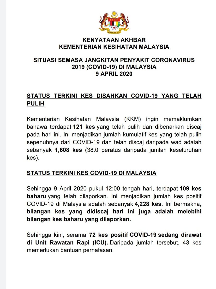 KKMPutrajaya's tweet photo. #COVID19Malaysia Situasi semasa di negara ini sehingga 12pm, 9 April.

Kenyataan penuh Ketua Pengarah Kesihatan @DGHisham https://t.co/7KOYvBSzc5