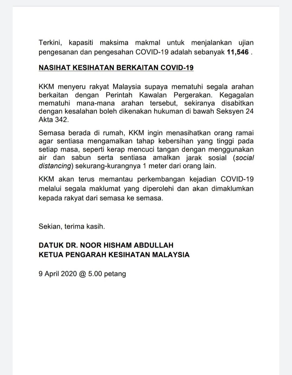 KKMPutrajaya's tweet photo. #COVID19Malaysia Situasi semasa di negara ini sehingga 12pm, 9 April.

Kenyataan penuh Ketua Pengarah Kesihatan @DGHisham https://t.co/7KOYvBSzc5