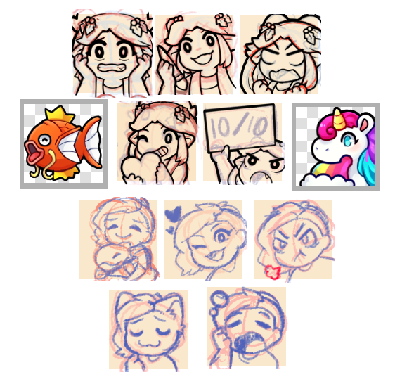i havent posted emotes in awhile but i've been working on a ton of orders and catching up on queue the past week! Here's a WIP on some of the stuff im working on ? 