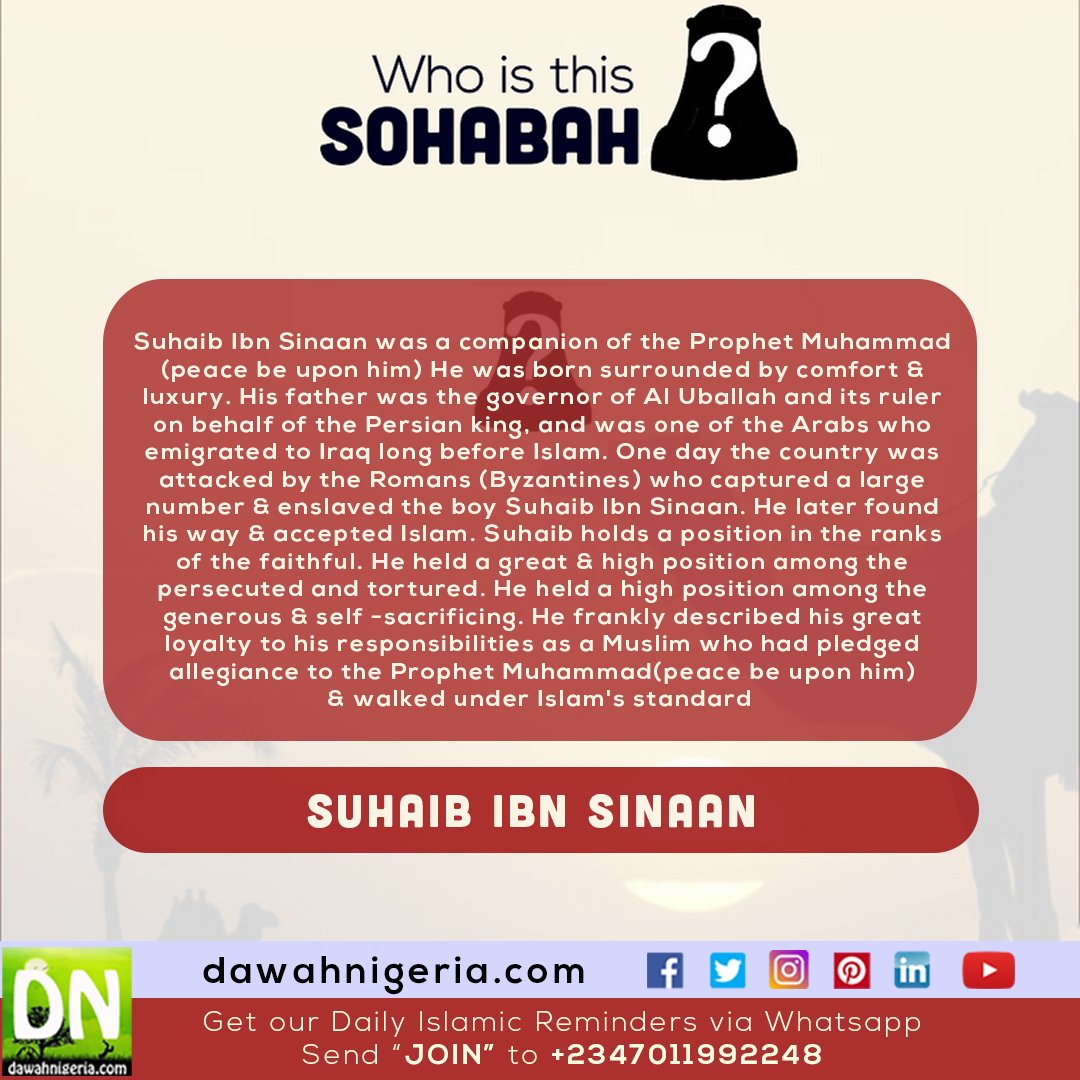 dawahnigeria's tweet photo. SUHAIB IBN SINAAN
Suhaib Ibn Sinaan was a companion of the Prophet Muhammad(peace be upon him) He was born surrounded by comfort and luxury. His father was the governor of Al Uballah and its ruler on...
#DNWITS #BeatingCorona #ThursdayThoughts #SuhaibIbnSinaan #MenAroundProphet https://t.co/SK45p4JJ7L