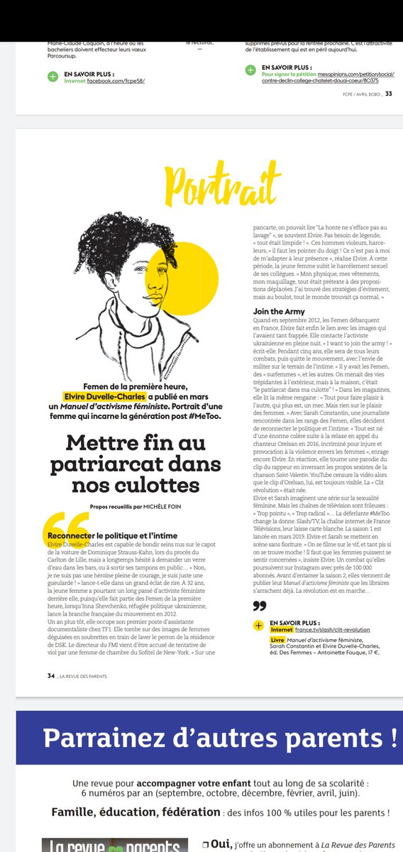 EdDesfemmes's tweet photo. A LIRE entretien avec @ElvireDCharles sur le livre "ClitRevolutionManueld'ActivismeFeministe" dans RevueDesParents de Avril ... pour que les Luttes desFemmes soient dans chaque maison durant le confinement!!💪❤❤ @sarahconstantin #alicedes @Femen_France https://t.co/7CS7GPJV8H