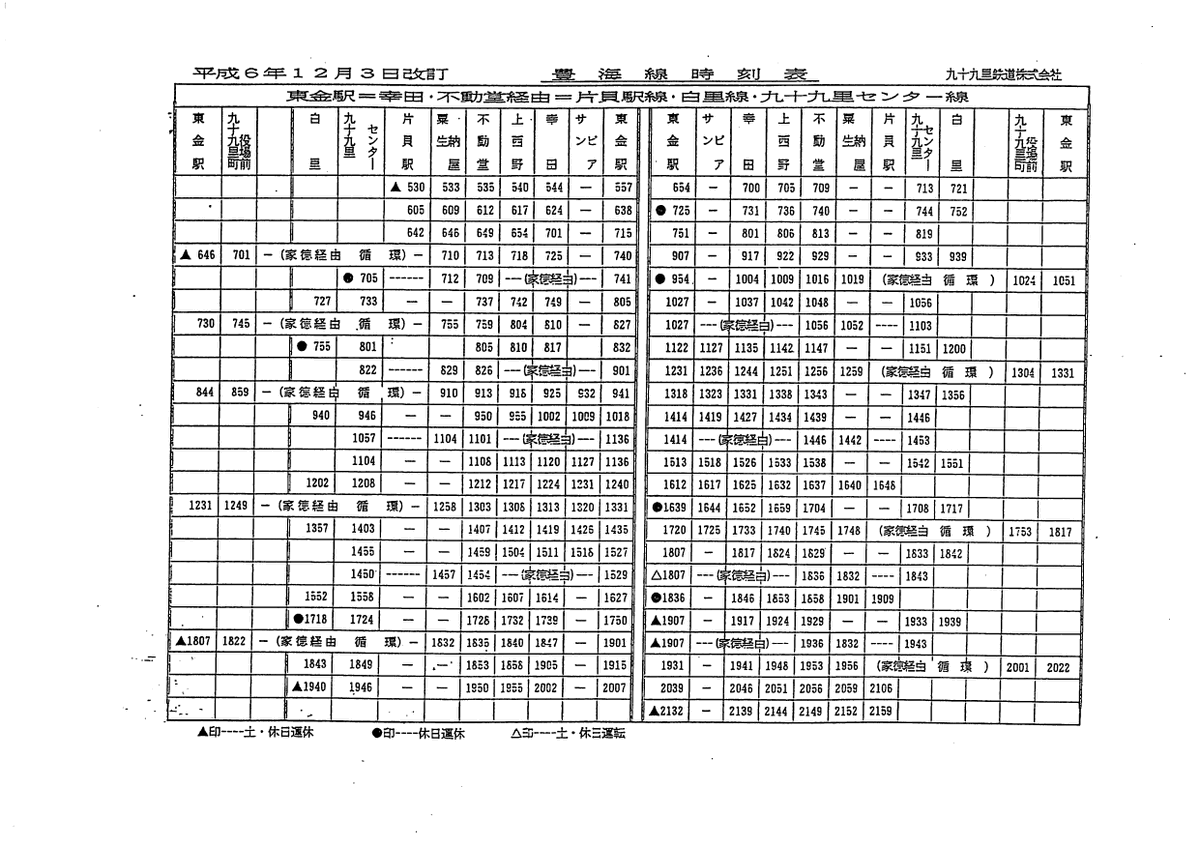 Yukai3chome On Twitter 棚からひとつかみ 1994 平成6 年の九十九里鉄道片貝線 豊海線の時刻表 片貝線は当時 23回 現在は普通20回 千葉直通急行14回 豊海線も当時 20回 現在は14回 というのは 沿線環境を考えると 相当がんばって本数を維持していると