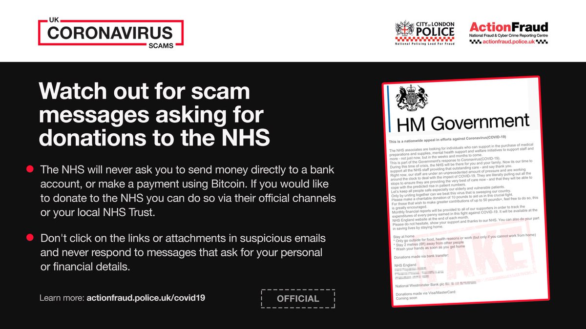 We continue to receive a high volume of reports about fake emails being  used to solicit donations to the NHS. The NHS will never ask you to send  money directly to a