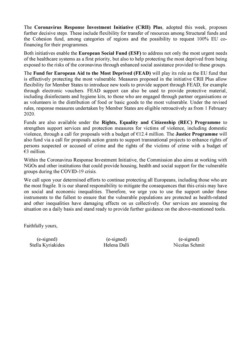 We must ensure that fundamental EU values of equality & non-discrimination are as strong as ever in the current circumstances. Along with @NicolasSchmitEU & @SKyriakidesEU, I urge Member States to ensure that vulnerable groups receive the needed support during the #COVID19 crisis