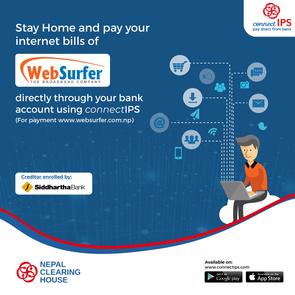 NCHLOfficial's tweet photo. Stay home and pay your WebSurfer internet bills directly through your bank account using connectIPS
#StaySafe #PaySafe #PayFromHome #connectIPS #RealTime #OnlinePayment #NCHL #WebSurfer #SiddharthaBank https://t.co/q1Uss9df2L