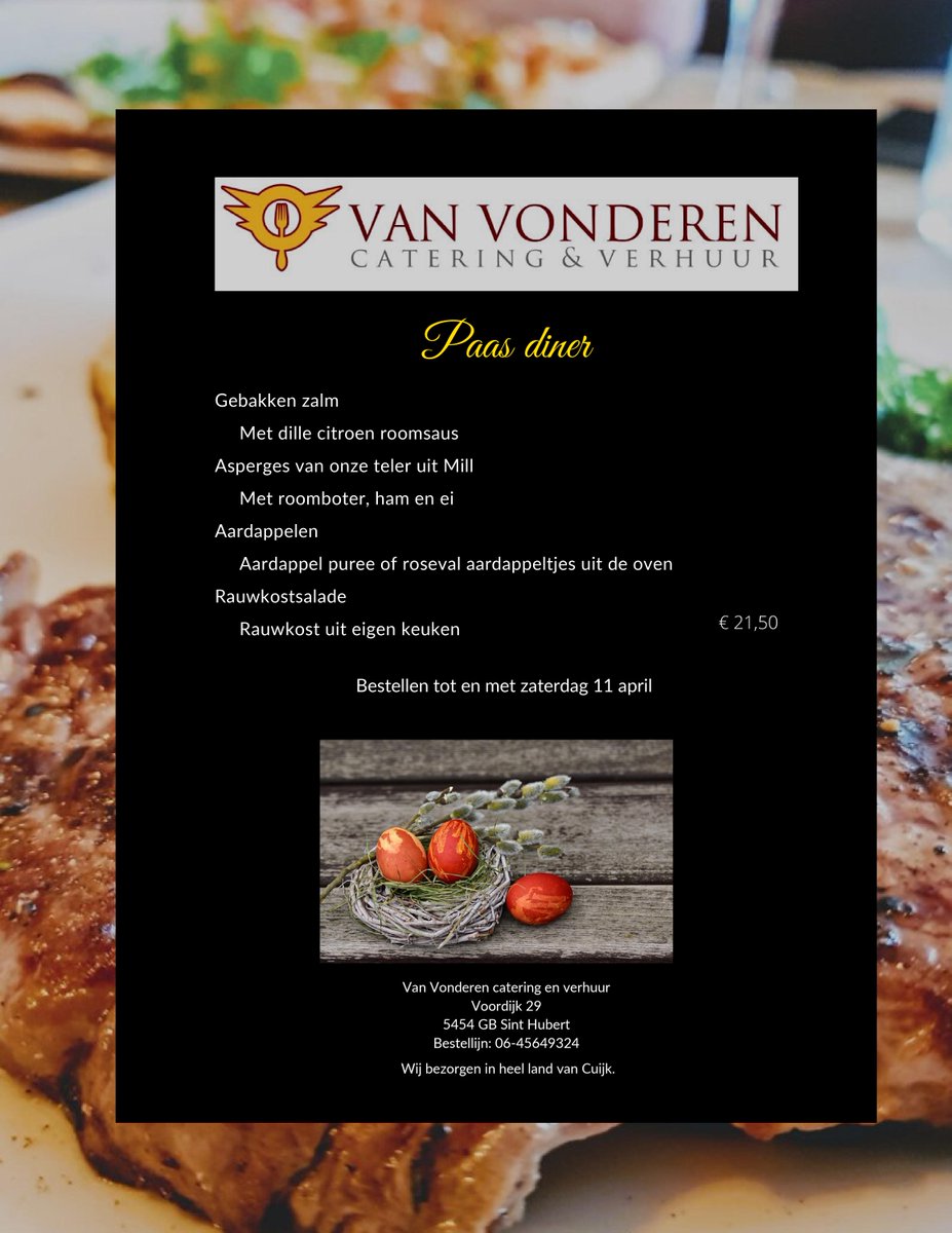 Ons speciaal paas diner is vanaf vandaag te bestellen.
Dit kan tot as zaterdag 11 april besteld worden via onze bestellijn of stuur een bericht!