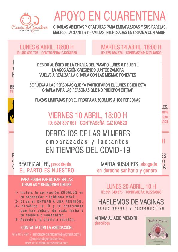 Creciendo juntos Zamora repite la charla:

"DERECHOS DE LAS MUJERES embarazadas y lactantes EN TIEMPOS DEL #COVID19"

VIERNES 10 DE ABRIL A LAS 18:00 H