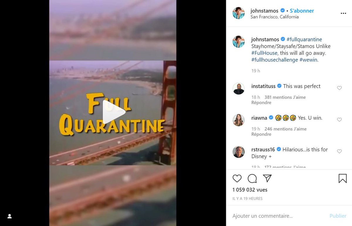 allocine's tweet photo. #FullQuarantine, c'est le nom de la parodie imaginée par le casting de La Fête à la maison (#FullHouse en V.O.), qui a recréé un tout nouveau générique durant cette période de #confinement. De quoi remonter le moral. La vidéo a été postée sur @instagram : https://t.co/xXK14zuz4l https://t.co/ufjUgPpt6R