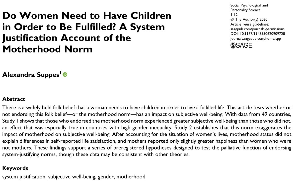 Have you ever heard the saying that women need to have children in order to be happy? Ever wonder why people say that? New paper thread alert!  https://doi.org/10.1177/1948550620909728