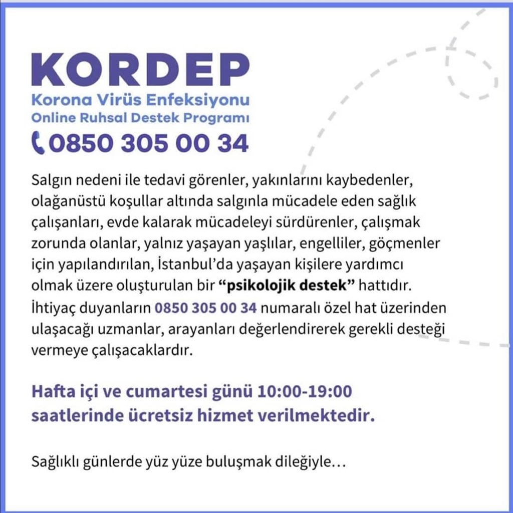 LeventMtal's tweet photo. #Covid2019TR Korona Virüs Enfeksiyonu Online Ruhsal Destek Programı (KORDEP) kapsamında psikolojik destek hattına hafta içi ve cumartesi günü 10:00-19:00 saatlerinde
ulaşabilirsiniz
0850 305 00 34
#kordep @saglikbakanligi @istanbulvalisi_ @istanbulilmem @BesiktasMEM https://t.co/PQAK975aiE