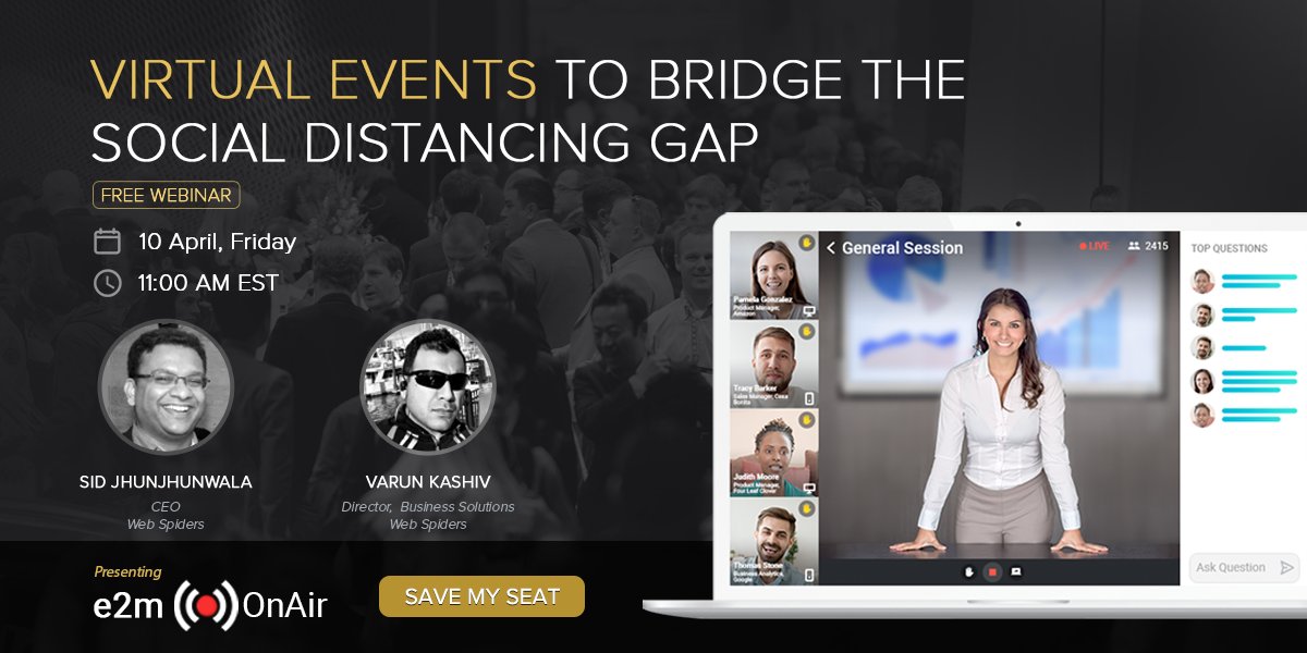 e2mlive's tweet image. [#Webinar] Our CEO @sid_webspiders and @VKashiv (Dir. Business Solutions) will discuss how #eventprofs can leverage technology to run seamless #RemoteEvents amid the #coronavirus outbreak without sacrificing conversion rates or engagement.

Register NOW @ bit.ly/e2m-webinar-3