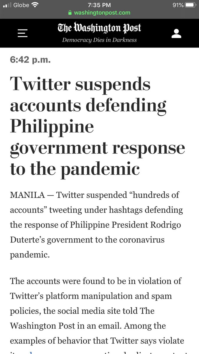 tonyocruz's tweet photo. FYI: @Twitter suspends accounts defending Philippine government response to the pandemic

The accounts were found to be in violation of Twitter’s platform manipulation and spam policies, the social media site told The Washington Post in an email. 

https://t.co/u4I36sieuu https://t.co/5UeJRYiZO7