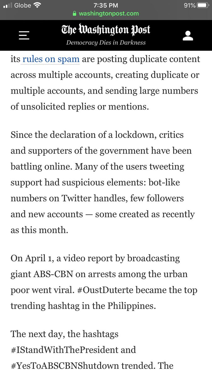 tonyocruz's tweet photo. FYI: @Twitter suspends accounts defending Philippine government response to the pandemic

The accounts were found to be in violation of Twitter’s platform manipulation and spam policies, the social media site told The Washington Post in an email. 

https://t.co/u4I36sieuu https://t.co/5UeJRYiZO7