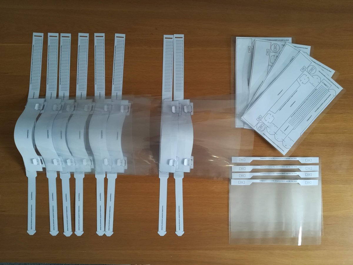 CurreyMr's tweet photo. Assembled and flat pack samples produced, some on their way to a local GP group. If you can’t access PPE, follow this guide to make your own using an A4 printer and laminator: https://t.co/mmf8Vvk5Sz Video: https://t.co/KQPr9AMqnr

#PPE #diy #ppeshortage #Coronavirus #COVID19 https://t.co/VJX0dgKY0i
