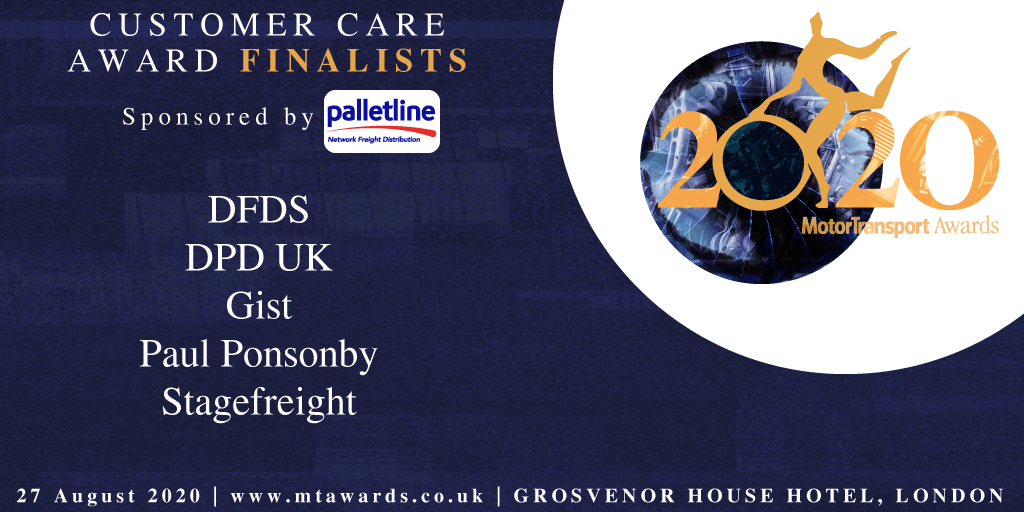 A huge congratulations to our finalists in the Customer Care Award category sponsored by <a href="/palletline/">Palletline Ltd</a> at the Motor Transport Awards 2020: @DFDSGroup  @DPD_UK <a href="/Gist_World/">Gist</a> <a href="/PaulPonsonby/">Paul Ponsonby Ltd</a> and <a href="/Stage_Freight/">stagefreight</a> See the full #MTAwards2020 shortlist here bit.ly/2JN85pe
