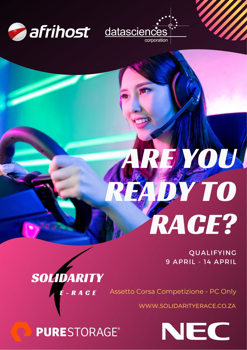 solidarityerace's tweet photo. An E-sports racing competition just went live. Register from today till Tuesday. Stand a chance to win a share of R20k, for a good cause! #StayAtHomeSA 

@Afrihost @PureStorage #NEC #DataSciencesZA #esports #solidarityfund #Covid_19SA #super2bit @mag0027 @F1sasha https://t.co/lPUNXJO6Xl