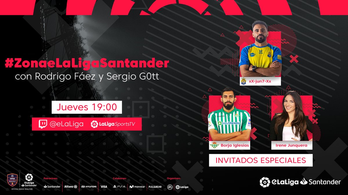 🌟 @xXjun7Xx - 🕹️ <a href="/eSports_UDLP/">Las Palmas Unity 🔥</a> 
🌟 <a href="/BorjaIglesias9/">Borja Iglesias</a> - ⚽️ <a href="/RealBetis/">Real Betis Balompié 🌴💚</a> 
🌟 <a href="/irenejunquera/">Irene Junquera</a>

¡Menudos invitados tenemos hoy con <a href="/RodrigoFaez/">Rodrigo Fáez 🕶🐝</a> y @sergiog0tt en #ZonaeLaLigaSantander! 👌

📺 Síguelo en directo a partir de las 19:00h. en twitch.tv/elaliga y #LaLigaSportsTV.