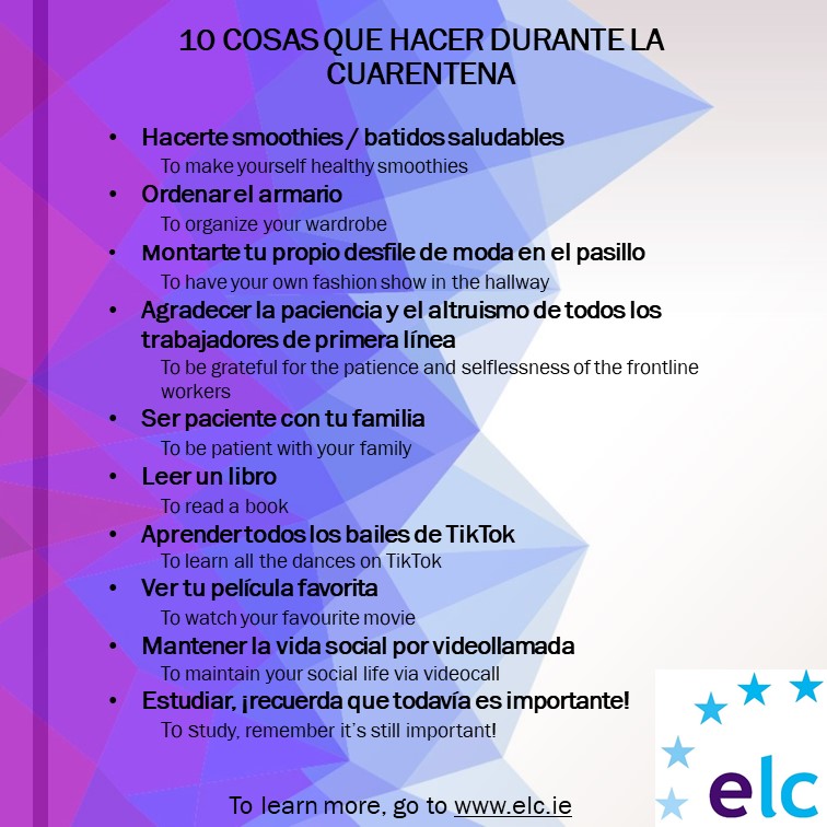 EuroLangColl's tweet photo. Learn the Spanish Vocabulary for how to take care of yourself during this #Quarantine 🇪🇸
ELC is offering FREE resources for all the students who want to improve their language skills. Share, retweet and like our posts! #ELC #FreeResources #Spanish #Learn #Learning #learnspanish https://t.co/USM5zRsIMW
