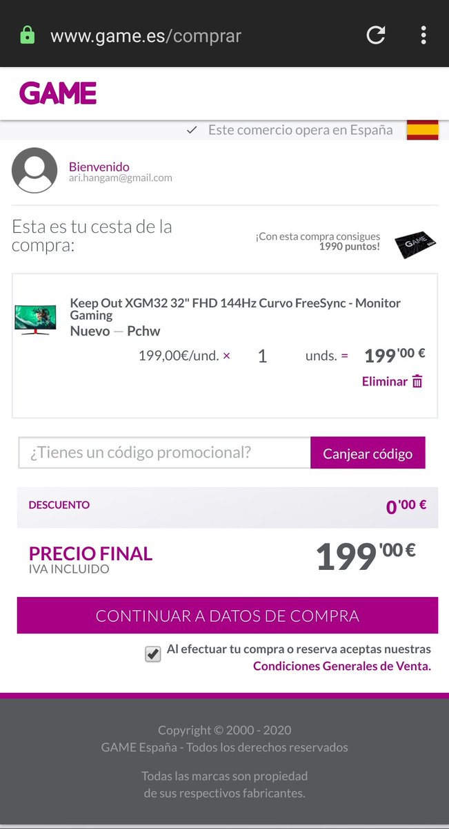 Murrico's tweet photo. @VideojuegosGAME la web no me permite finalizar ninguna compra desde ayer 😟. ¿Alguna solución? ¡Muchas gracias! https://t.co/Sm3js41kLb