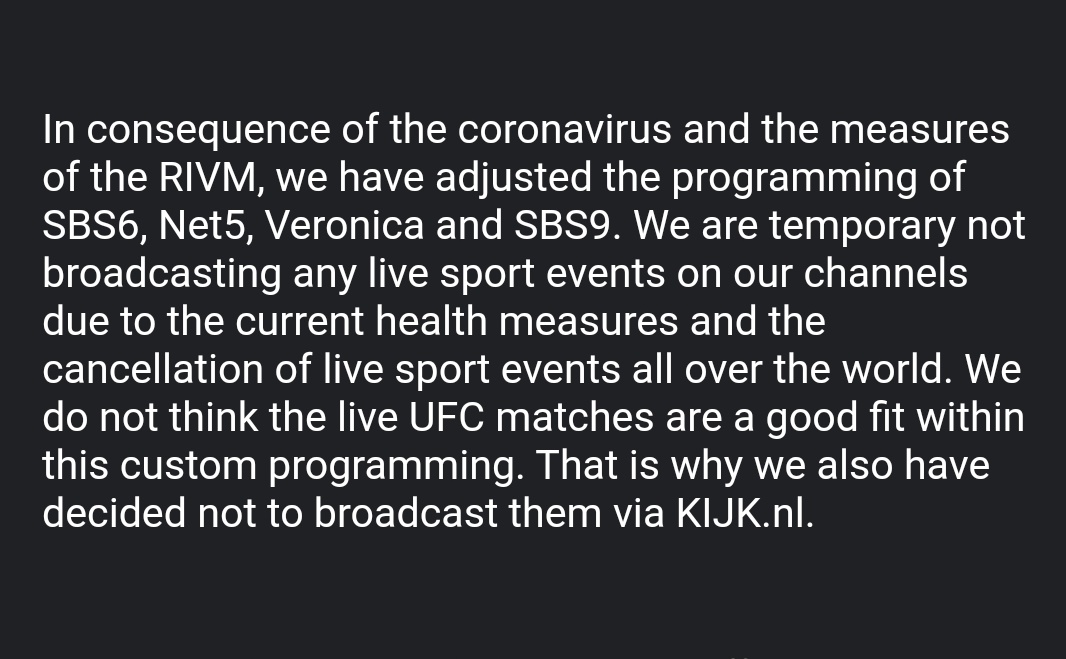 MMAFullMount's tweet image. Dutch broadcaster Talpa Network have decided not to broadcast #UFC249 on ethical grounds due to the ongoing Covid-19 pandemic.