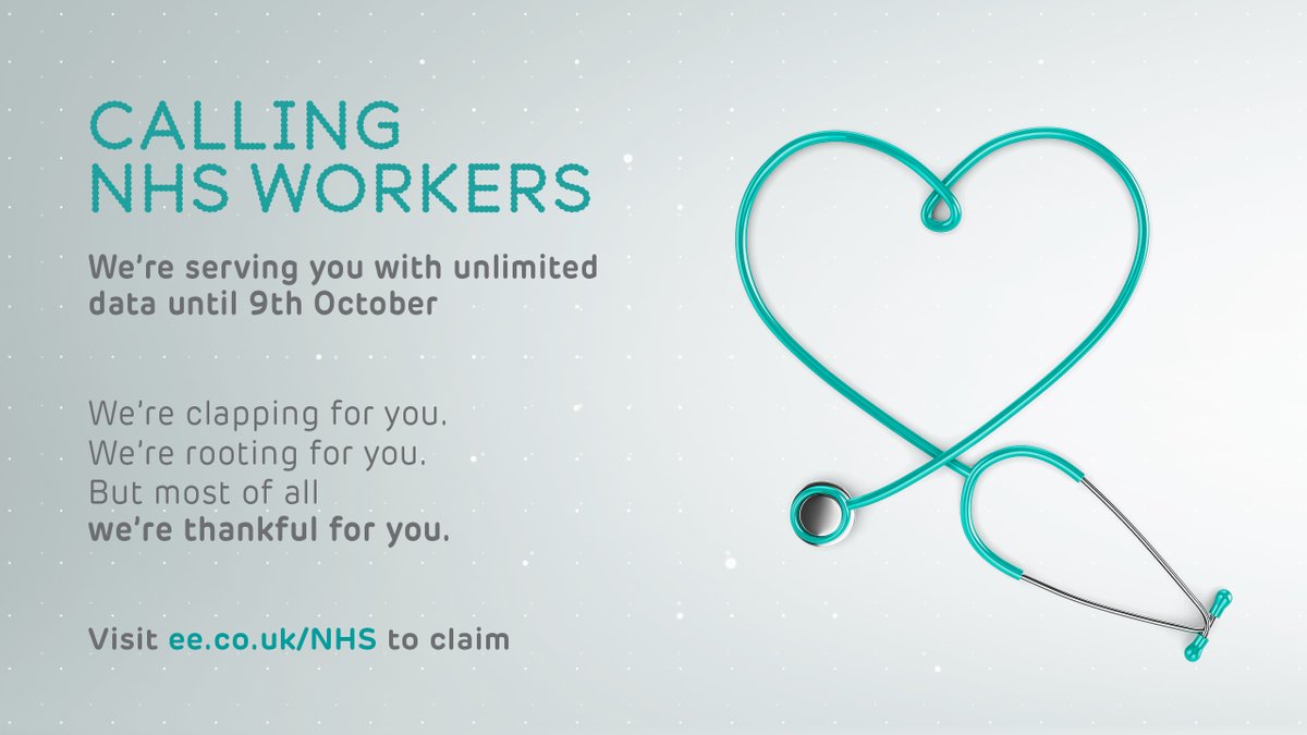 MarcAllera's tweet photo. Today, @EE's enabling unlimited mobile data for NHS workers for the next 6 months – until 9 October.

It's a thank you from us for working so hard and so selflessly for us all.

We hope it gives you one less thing to worry about.

You can register here: https://t.co/R6734iQHKD https://t.co/qgpVv4xZxi