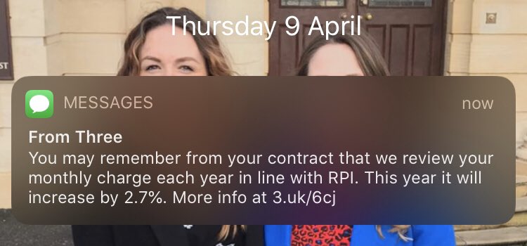 ellsabelles's tweet photo. Well @ThreeUK this is a marvellous text to get. I’ve been with you for years but pretty annoyed to get this when I’ve lost all my work (self employed less than a year) as will many of your customers. Talk about timing 😡 https://t.co/7XLIu1jJLk