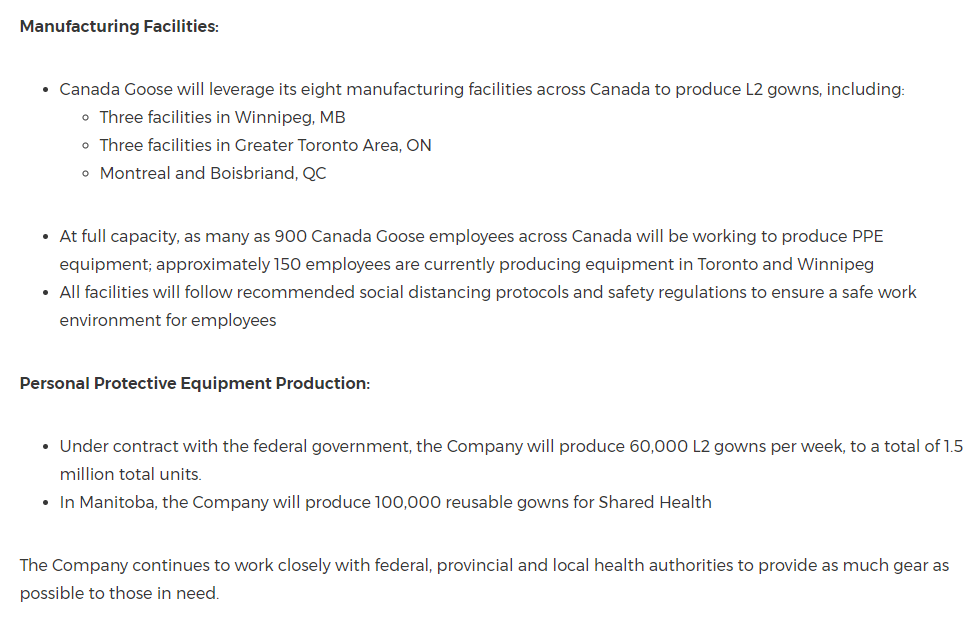 Canada Goose reopening plants, plans for 900 workers producing medical gear. Company says it will make at least 60,000 gowns per week, with plans to deliver up to 1.5 million, at cost. Statement: 'Any unintentional profits... will be donated to national COVID-19 relief funds.'