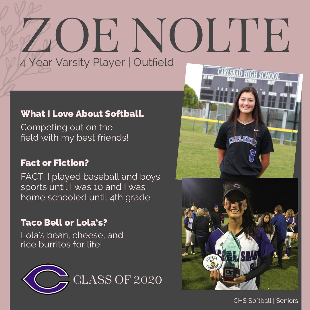 PlayCHSSoftball's tweet photo. Zoe Nolte | Class of 2020. Four year varsity softball player, outfielder and fierce competitor. Committed to UNLV. Season was short, but we are proud of you. #golancers #classof2020 @CarlsbadAD @EC_Preps_SD https://t.co/pdOMYlxisL