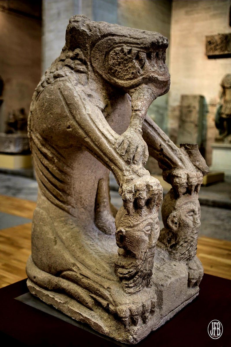 Depictions of wolves by Celtic artists not uncommon. The Tarasque de Noves stone carving from France, 2nd/3rd C BC, 1.12m high, consists of half-lion/half-wolf monster with human bone in mouth! Front paws grip 2 human heads with eyes closed in death! Attributed to Cavares tribe.