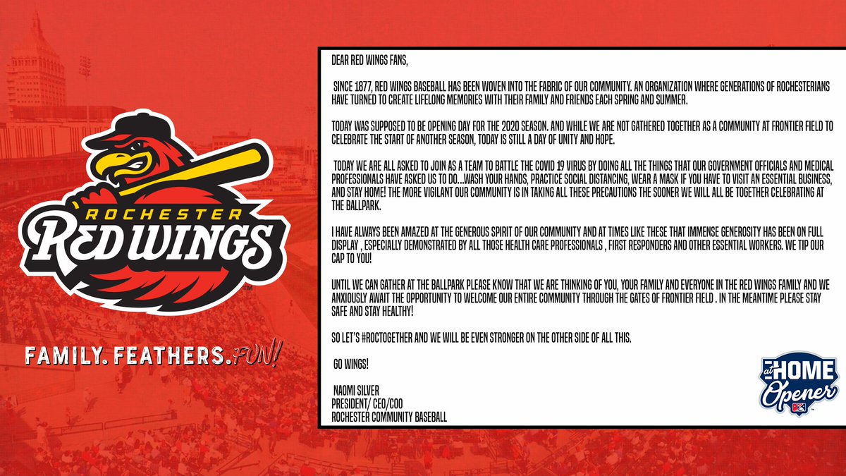 RocRedWings's tweet photo. Today would have been THE DAY. 

A note from our Team President, Naomi Silver. #MiLBAtHomeOpener https://t.co/Unpq0gMpU9