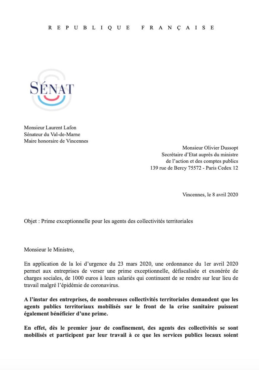 L_Lafon's tweet photo. 🔵 Prime exceptionnelle pour les agents des collectivités territoriales en première ligne dans la crise sanitaire #CODIV_19. Retrouvez ci-dessous le courrier que nous adressons à @olivierdussopt Secrétaire d’Etat auprès du ministre de l’action et des comptes publics @UC_Senat⤵️ https://t.co/k7CFORdWiw