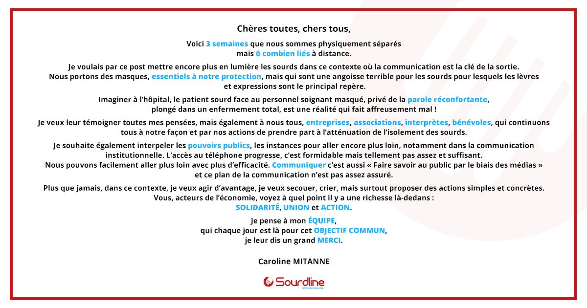 Toutes les équipes Sourdline restent mobilisées pendant cette periode de confinement. 
Prenez soin de vous et surtout #RestezChezVous 
#sourd #malentendant #accessibility #COVIDー19