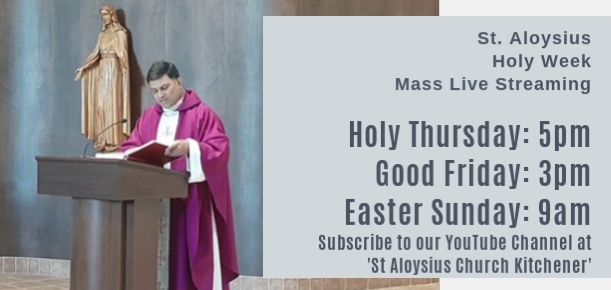 StAlsChurchKW's tweet photo. The celebration of the Easter Triduum begins tonight!
St. Aloysius will live stream our Masses; Tonight at 5pm, Good Friday at 3pm &amp; Easter Sunday at 9am. 
Click the link to visit our YouTube Channel and subscribe; https://t.co/Dlx92nZBHD
#livestreamedmasses #staloysius #holyweek https://t.co/NxPM97s1nE