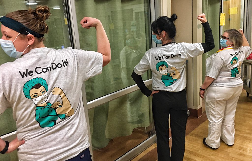 CrouseHealth's tweet photo. ‘We can do it!’ Members of Crouse’s highly regarded #ICU team are (proudly) sporting t-shirts presented to them by our ICU Intensivists. #CrouseStrong #COVID19 #Carepassion #CrouseCulture https://t.co/G5DO7ZhN3J