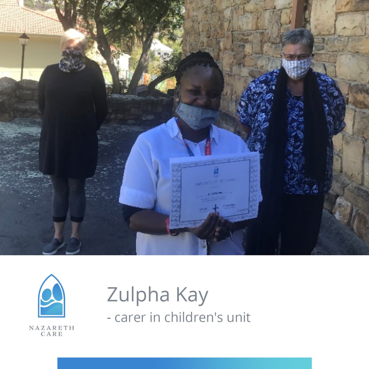 NazarethCareAFR's tweet photo. We wish to congratulate our March Employees of the Month who excelled at heir positions: Zulpha Kay - carer in children's unit; Sr Vestine Kami - Registered Nurse in children's unit; and Margeret Vanneil - Staff Nurse in St Mary's Cape Town. Well done team. https://t.co/YRHe4SiiIz