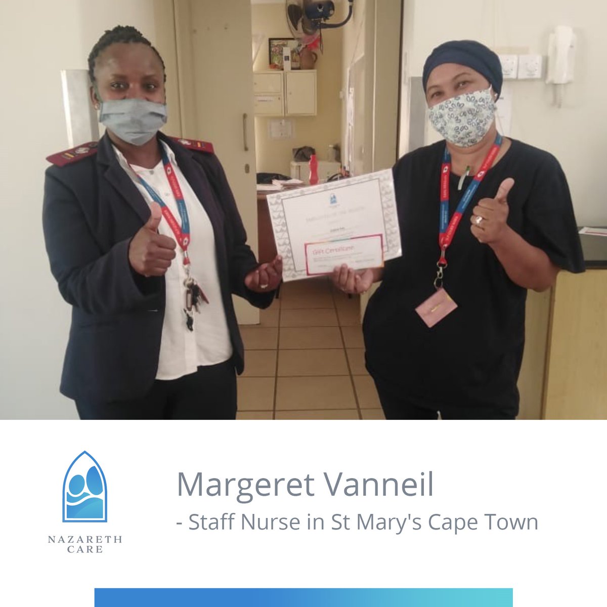 NazarethCareAFR's tweet photo. We wish to congratulate our March Employees of the Month who excelled at heir positions: Zulpha Kay - carer in children's unit; Sr Vestine Kami - Registered Nurse in children's unit; and Margeret Vanneil - Staff Nurse in St Mary's Cape Town. Well done team. https://t.co/YRHe4SiiIz