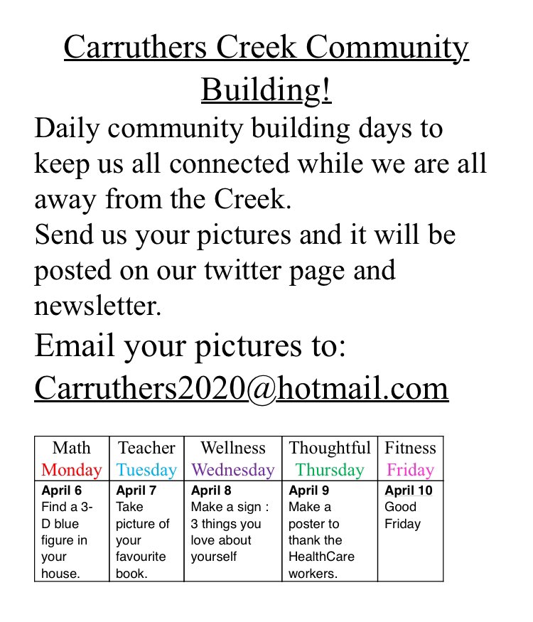 Carruthers_PS's tweet photo. CCPS ... we had to change our email address for our Community Building activity! Please send your pictures ! Please check your emails or the post below :) https://t.co/8p0770jcMj