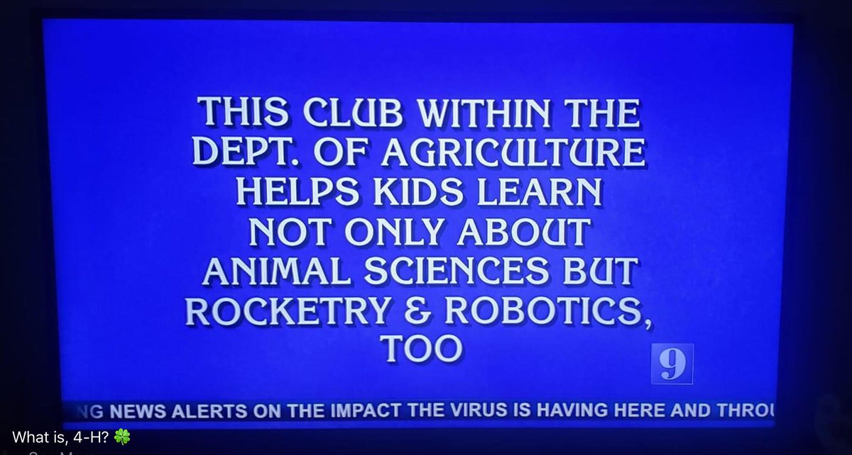 4H's tweet image. We know this one! Did you catch this #4H reference on @Jeopardy during Monday night's episode? 🍀 #InspireKidstoDo #ThursdayThoughts