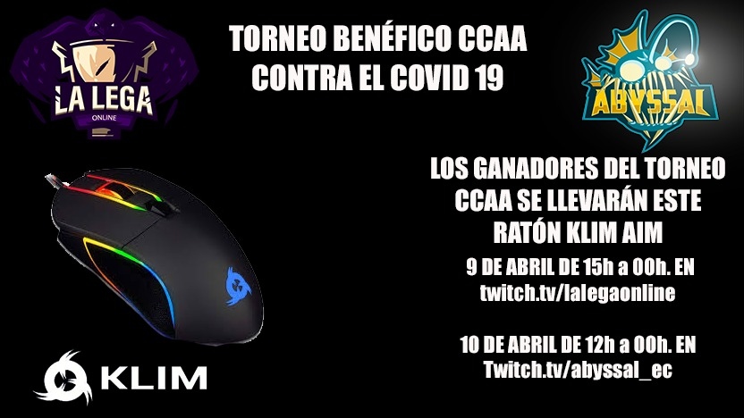 Tan solo queda media horita para empezar el Torneo Benéfico por CCAA contra el COVID-19‼️

Ya lo comentó ayer <a href="/TusakyLoL/">Tusaky</a> en el directo pero os lo recuerdo:

🚨RATÓN KLIM AIM PARA LOS GANADORES DEL TORNEO🚨
                                         (uno para cada uno, obviamente🤪)