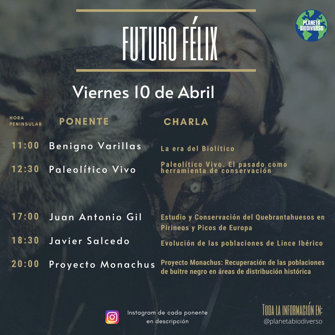 "FUTURO FÉLIX": 
HORARIOS DE LAS PONENCIAS.
más información en el Instagram: 
@planetabiodiverso 
<a href="/odilerf/">Odile Rgz de la Fte</a> <a href="/BenignoVarillas/">Benigno Varillas</a> <a href="/joaquinaraujo/">Joaquín Araujo</a> <a href="/RevistaQuercus/">Quercus</a> <a href="/PaleoliticoVivo/">LivingPaleolithic</a> <a href="/signaturweb/">Signatur</a> <a href="/FCQorg/">Fundación_Quebrantahuesos</a> <a href="/GREFA_Fauna/">GREFA</a> <a href="/AndaluciaJunta/">Junta de Andalucía</a>