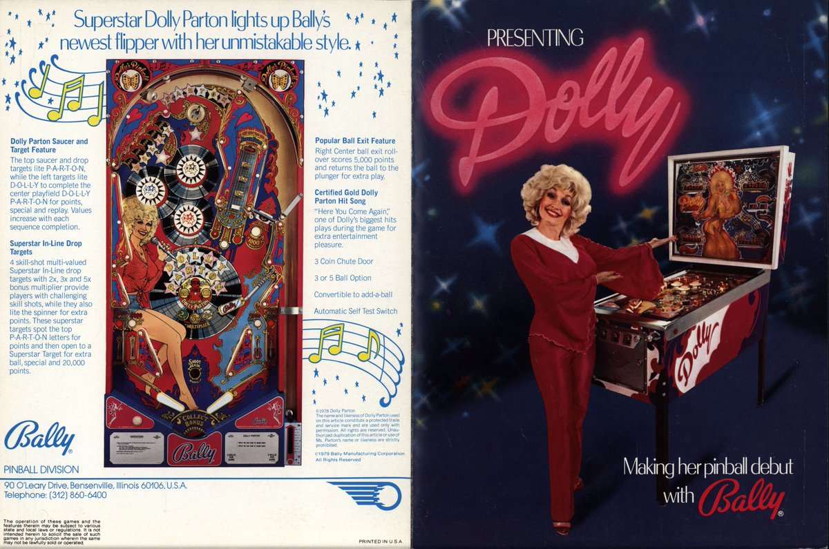 In 1979, Bally Manufacturing Corp. introduced the Dolly Parton pinball game. It featured skill shot targets, audio of her song “Here You Come Again,” and graphics highlighting Dolly’s distinctive appearance.