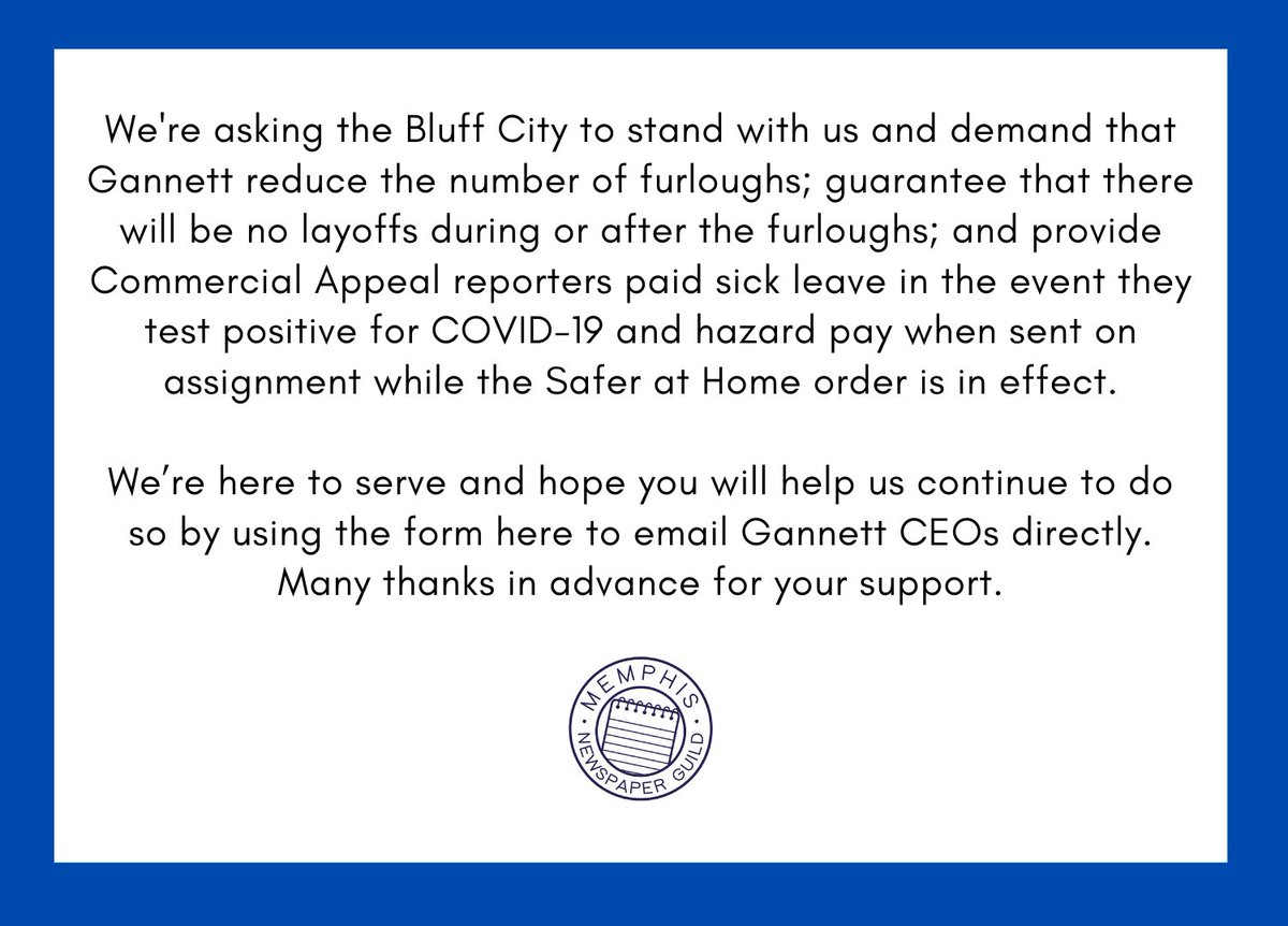 More than enough money to allow us to continue working without interruption remains concentrated at the top of our company. We’re asking community members in Memphis, and all people who support journalism in this time, to stand with us.  https://memphisnewsguild.com/send-a-letter/  /2