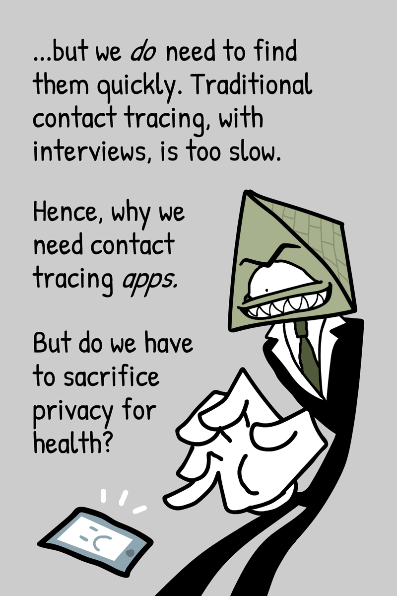 How exactly can  #DP3T privacy-preserving Bluetooth COVID-19 alerts work if identifiable personal data never leaves your device? It's actually not so complicated, and even less so now  @ncasenmare has made a fantastic, public domain, comic explaining it:  https://ncase.me/contact-tracing/ 1/