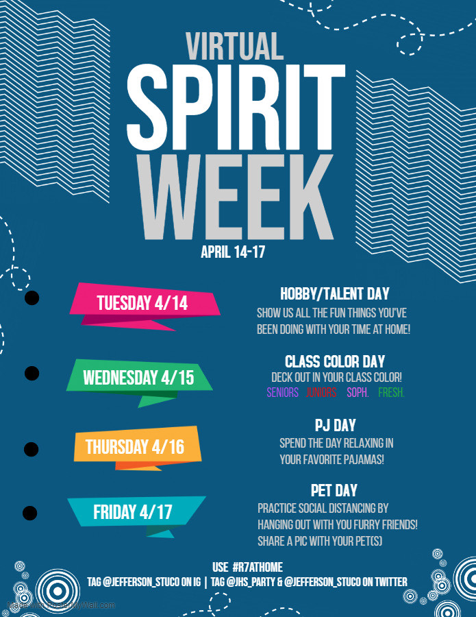 Jefferson_Stuco's tweet photo. JHS Leadership is excited to announce a virtual spirit week next Tuesday - Friday. We are excited to see your photos! Thank you Lauren Surratt for creating the graphic. #R7ATHOME https://t.co/pUhb52NSkJ