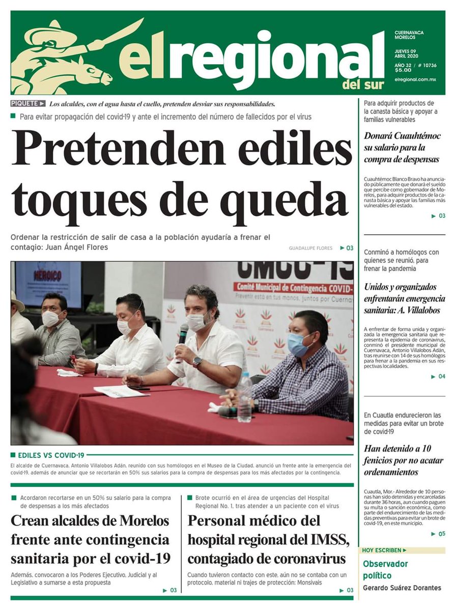 regionalmorelos's tweet photo. Buenos días 

¡Te presentamos la portada de hoy!

Pretenden ediles toques de queda 

#Portada #Regional #Jueves #pretenden #ediles #toquedequeda https://t.co/RJvdc9gFjU