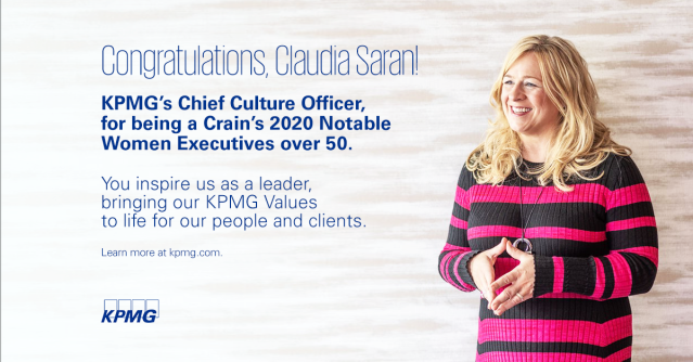 bwankoff's tweet photo. #KPMGProud of @KPMG_US Chief Culture Officer Claudia Saran for being honored by @CrainsChicago Business as one of 2020’s Notable Women Executives. To learn more about KPMG’s culture and values, click here: https://t.co/Xdb6TrI1lq https://t.co/UikdxkxaP1