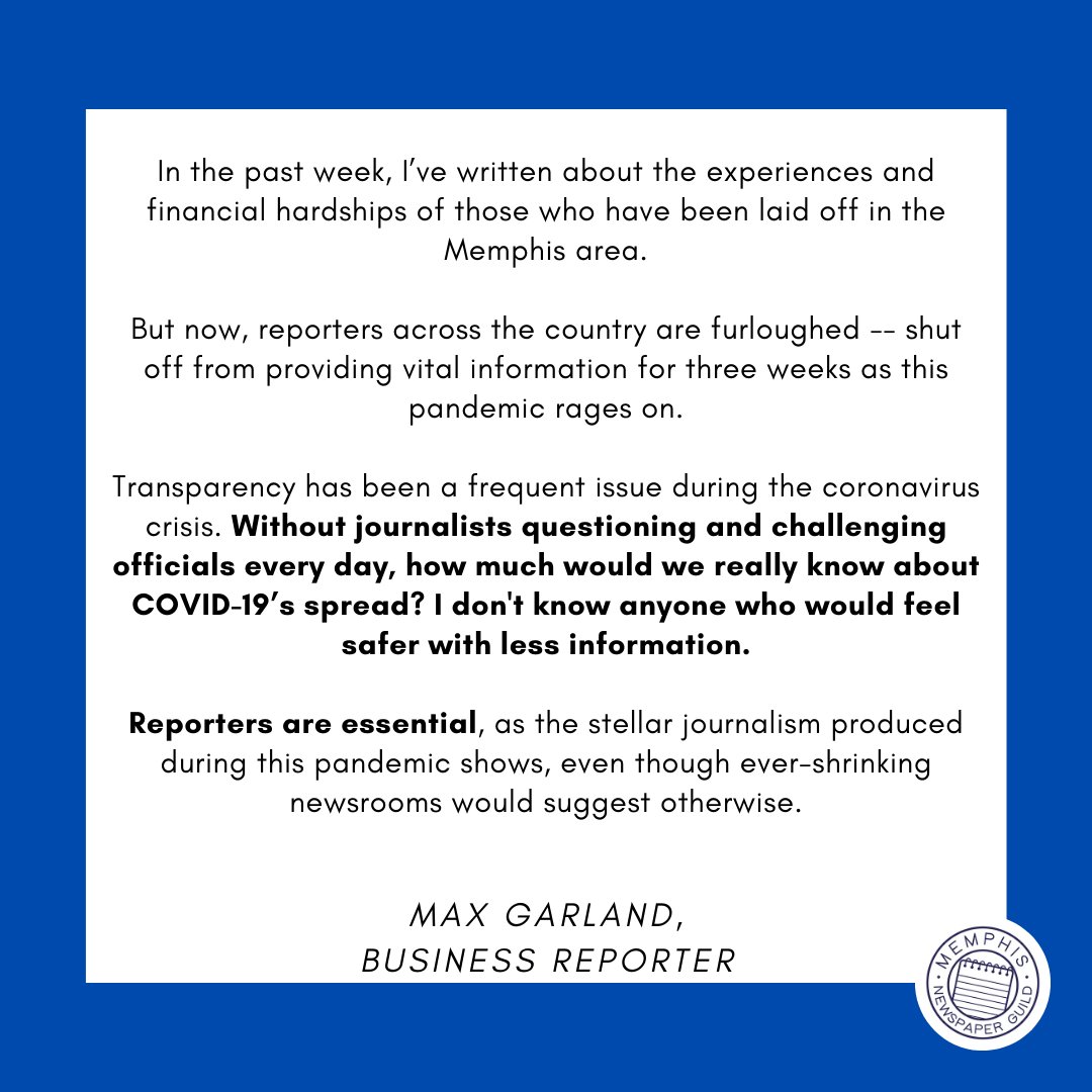 Journalism shows that stories matter. Here are ours. From  @MaxGarlandTypes: “Without journalists questioning and challenging officials...how much would we...know about COVID-19’s spread? I don't know anyone who would feel safer with less information.”  https://memphisnewsguild.com/  /8
