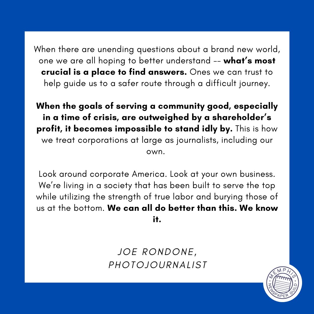 Journalism shows that stories matter. Here are ours. From  @joerondone: “When the goals of serving a community good, especially in a time of crisis, are outweighed by a shareholder’s profit, it becomes impossible to stand idly by.”  https://memphisnewsguild.com/  /9